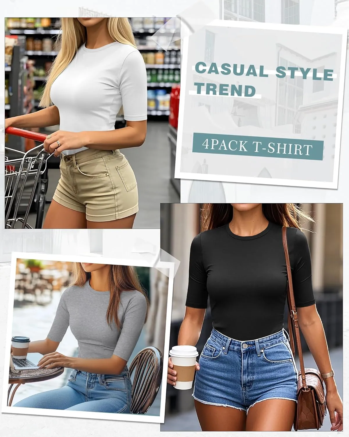 Neer 4 Pack Women's Half Sleeve Tops Cotton Crewneck Slim Fit 1/2 Sleeve T Shirts Stretchy Elbow Casual Summer Tees Bulk