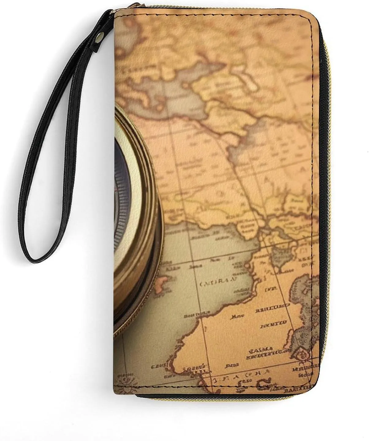 Old Compass Leather Wallet Smooth Zip Around Clutch Wristlet Travel Long Soft Purse for Women