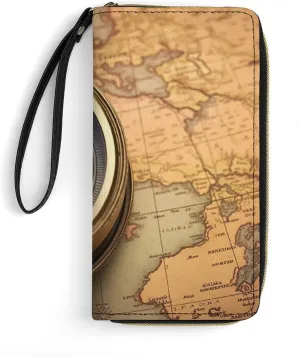 Old Compass Leather Wallet Smooth Zip Around Clutch Wristlet Travel Long Soft Purse for Women