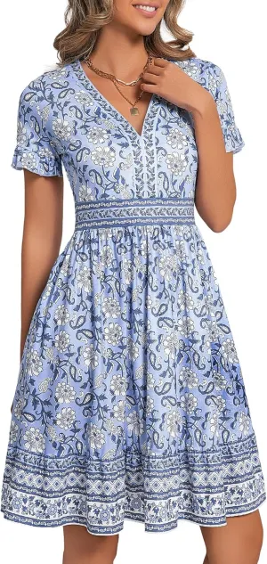OURIN Womens Summer Dresses 2025 V Neck Short Sleeve Ruffle Floral Casual Boho Beach A Line Midi Sundress