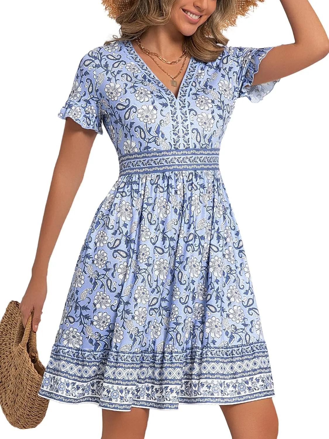 OURIN Womens Summer Dresses 2025 V Neck Short Sleeve Ruffle Floral Casual Boho Beach A Line Midi Sundress