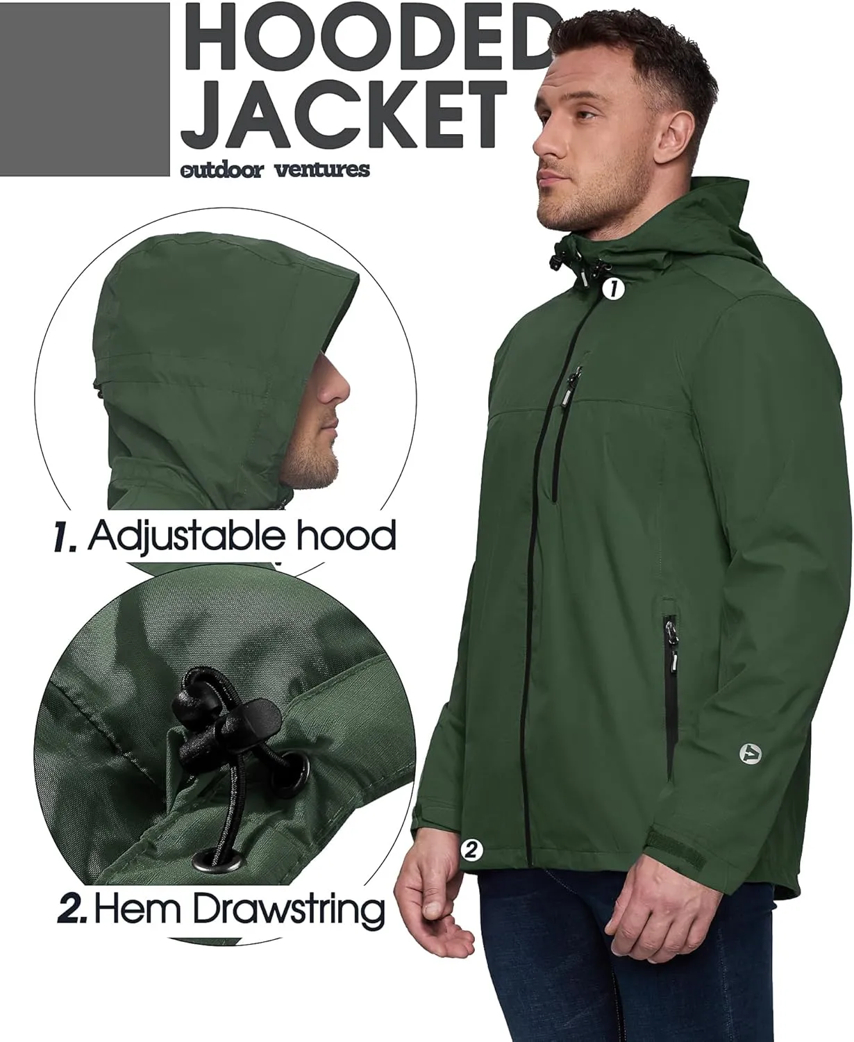 Outdoor Ventures Men's Packable Rain Jacket Waterproof Lightweight Raincoat with Hood Windproof Cycling Jackets