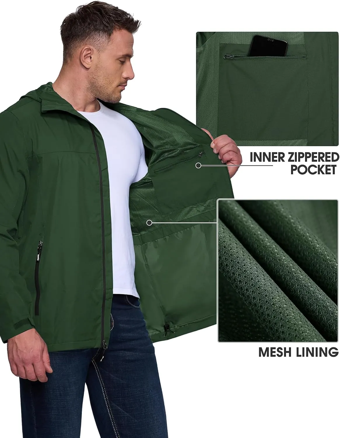 Outdoor Ventures Men's Packable Rain Jacket Waterproof Lightweight Raincoat with Hood Windproof Cycling Jackets
