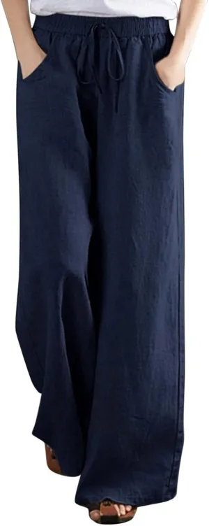 PANOEGSN Wide Leg Pants for Women Cotton Linen Casual Trousers High Rise Elastic Waist Sweatpants Comfort Loose Palazzo Pants