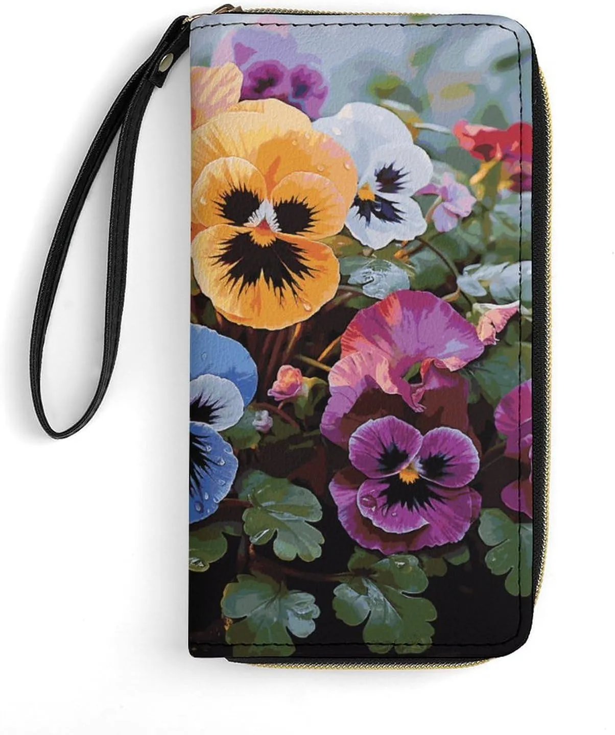 Pansy Flowers Leather Wallet Smooth Zip Around Clutch Wristlet Travel Long Soft Purse for Women