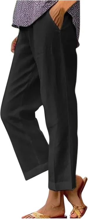 Pants for Women Linen Pants Elastic High Waist Pant Lightweight Straight Leg Pant Casual Summer Comfort Linen Trouser