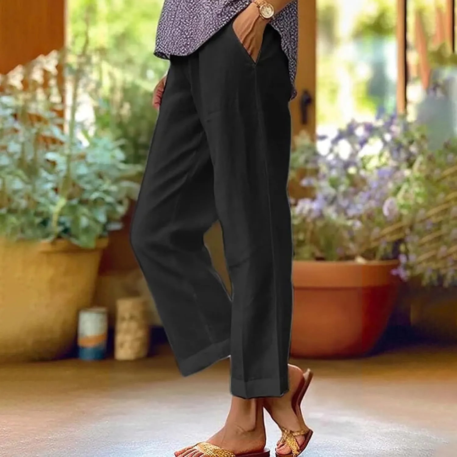 Pants for Women Linen Pants Elastic High Waist Pant Lightweight Straight Leg Pant Casual Summer Comfort Linen Trouser