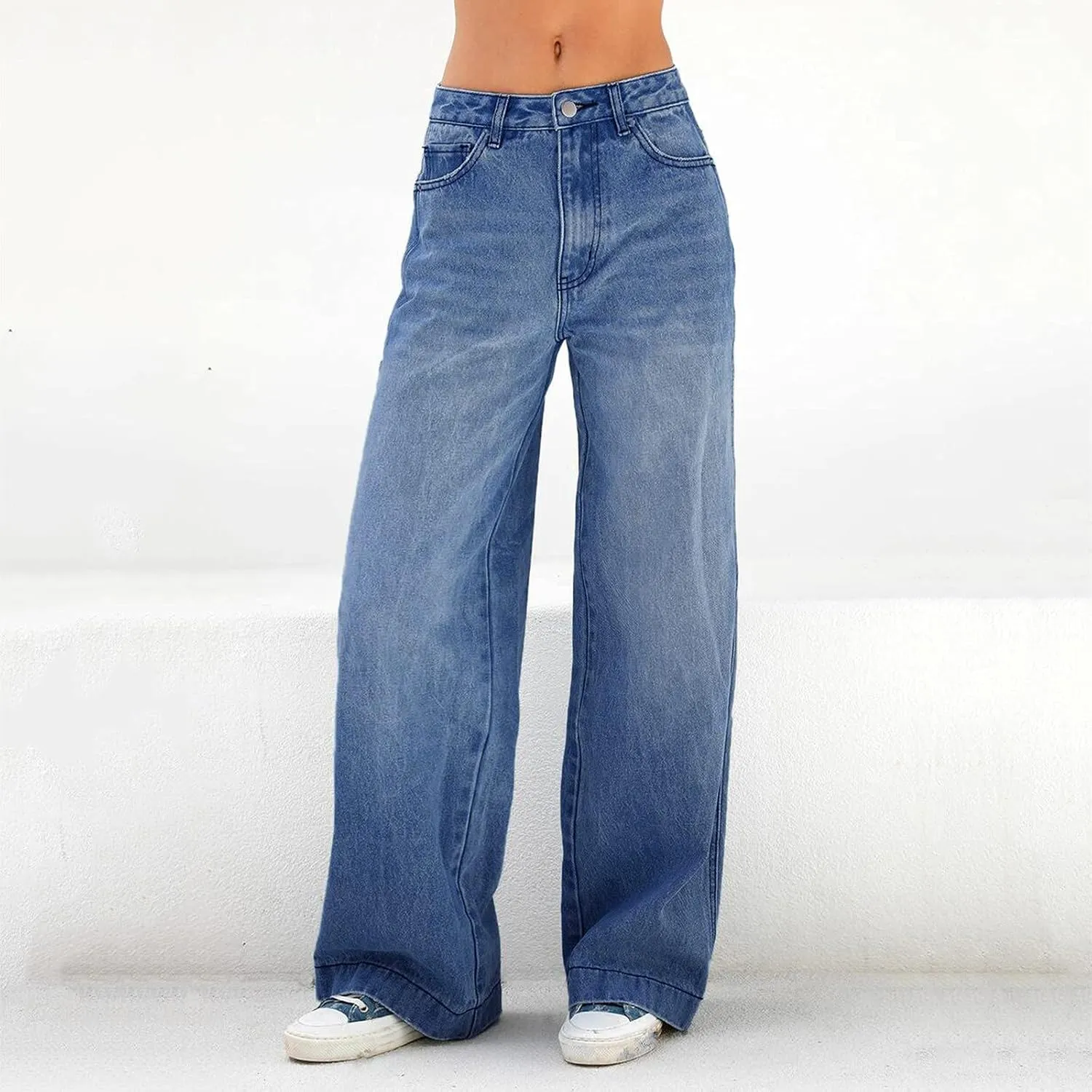 Pants Zipper High Jeans Pocket Waist Wide Solid Casual Women's Trousers Fly Leg Plus Size Fashion Comfort