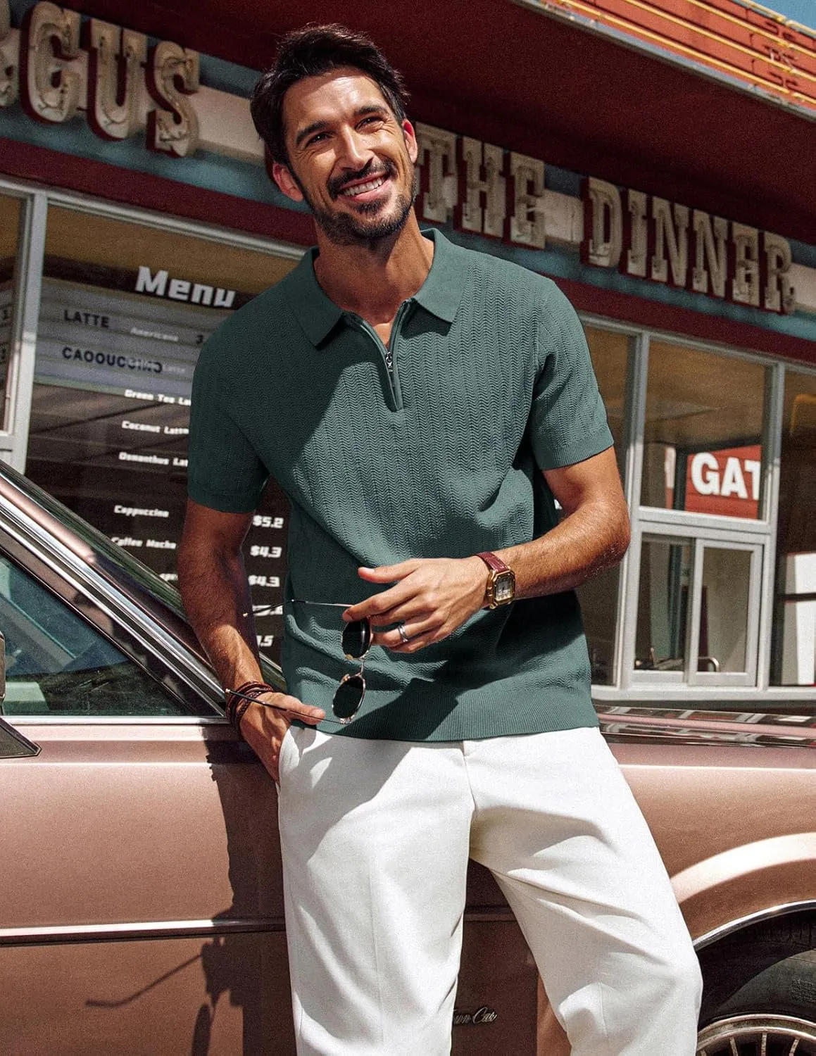PJ PAUL JONES Men's Polo Shirts Quarter Zip Textured Knit Shirts Summer Shirt