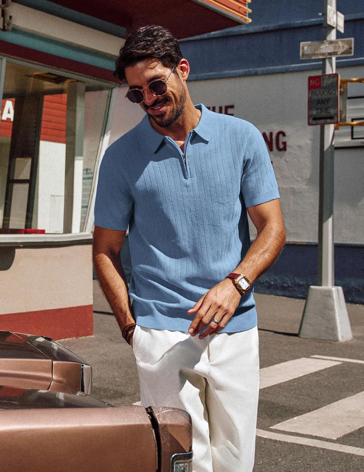 PJ PAUL JONES Men's Polo Shirts Quarter Zip Textured Knit Shirts Summer Shirt