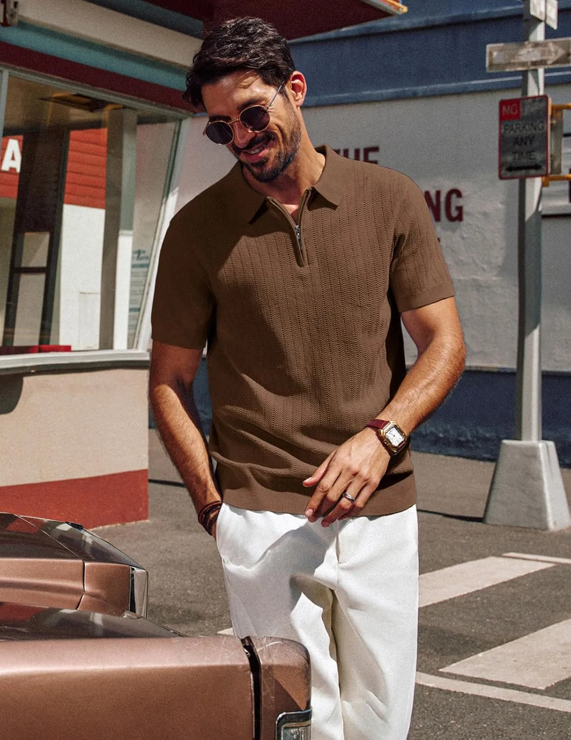 PJ PAUL JONES Men's Polo Shirts Quarter Zip Textured Knit Shirts Summer Shirt