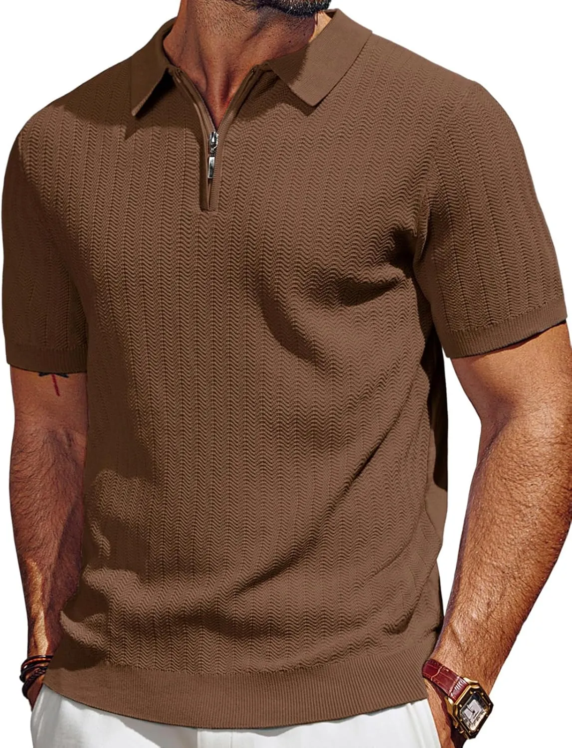 PJ PAUL JONES Men's Polo Shirts Quarter Zip Textured Knit Shirts Summer Shirt