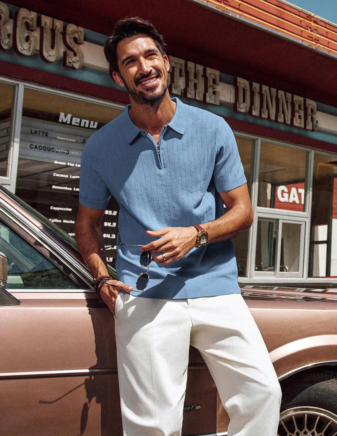 PJ PAUL JONES Men's Polo Shirts Quarter Zip Textured Knit Shirts Summer Shirt