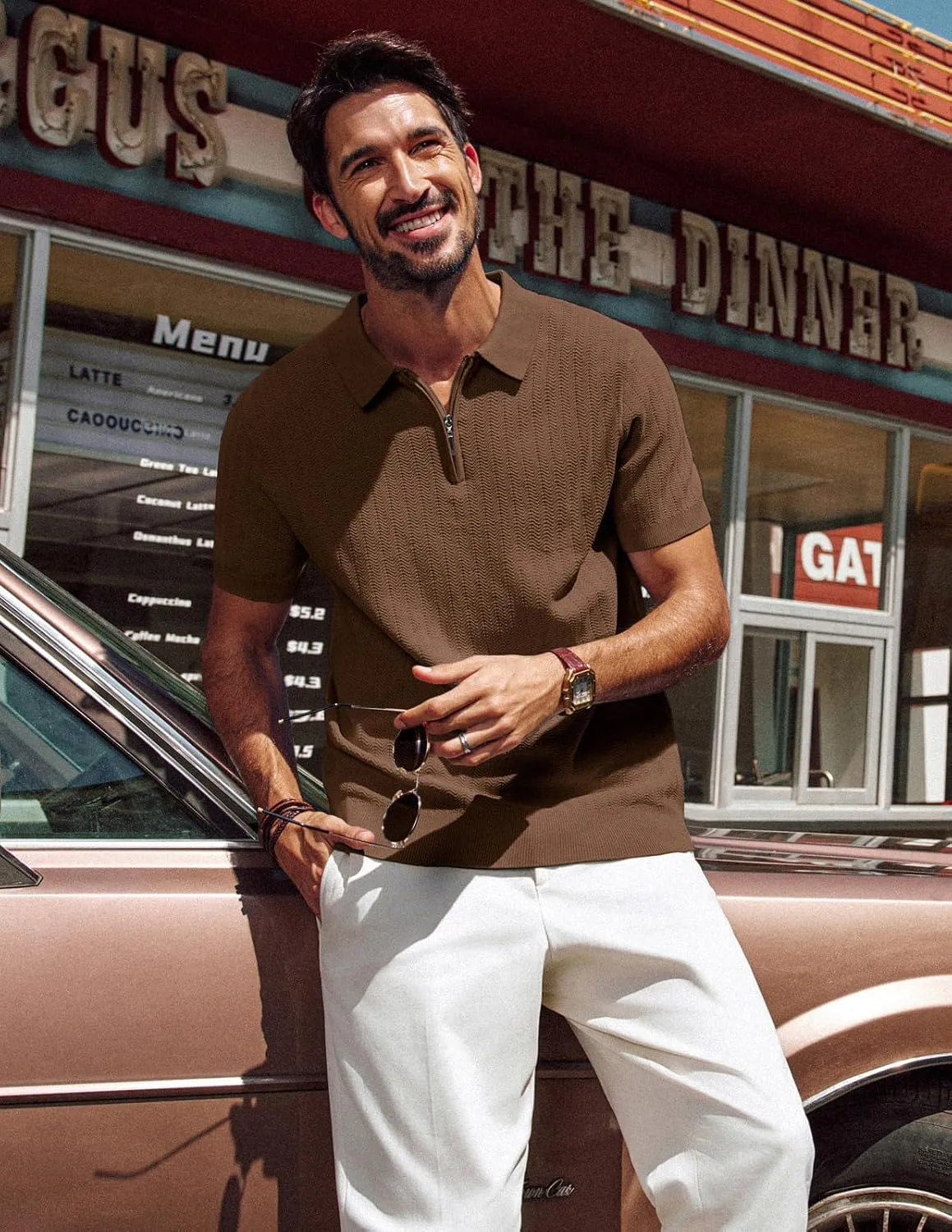 PJ PAUL JONES Men's Polo Shirts Quarter Zip Textured Knit Shirts Summer Shirt