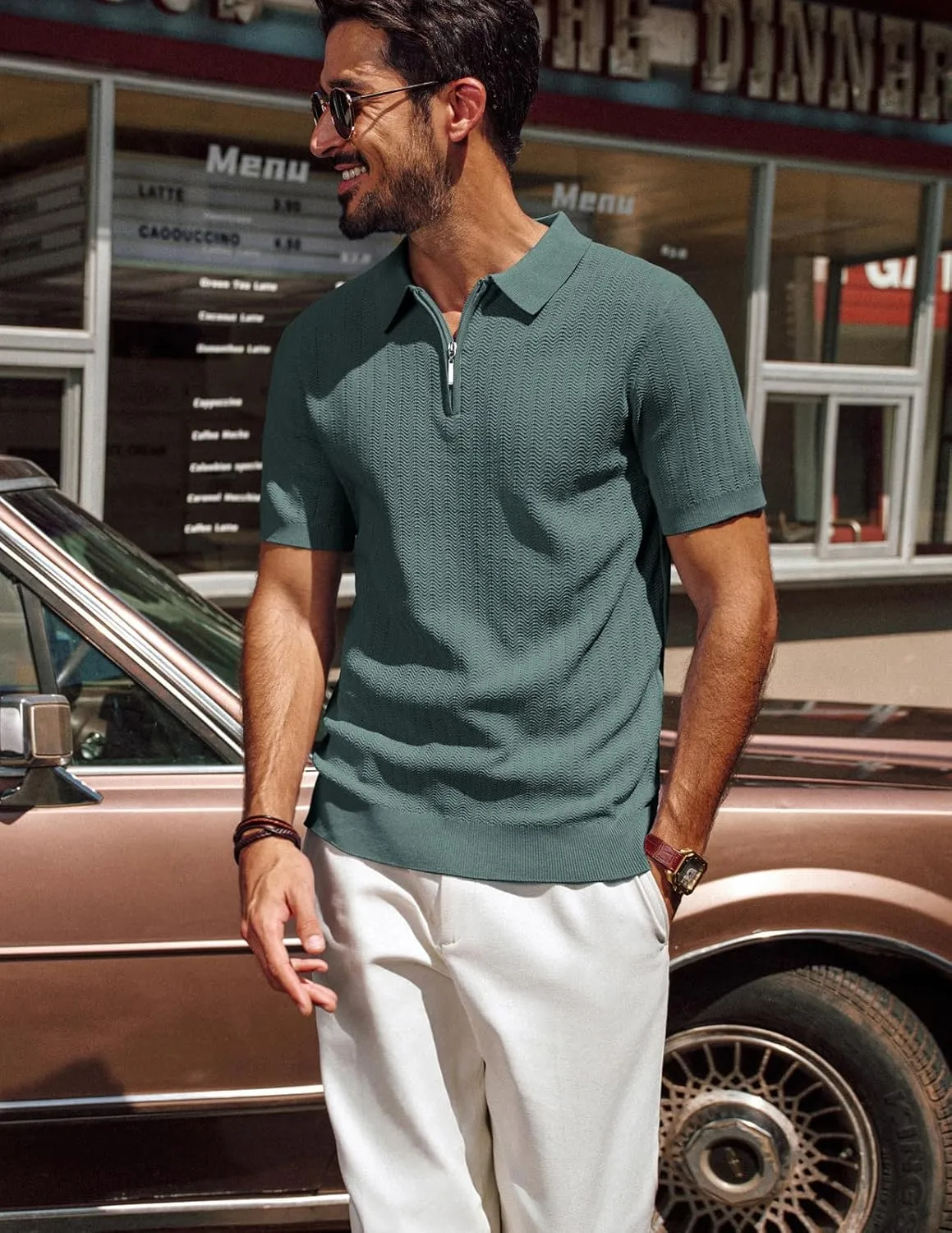 PJ PAUL JONES Men's Polo Shirts Quarter Zip Textured Knit Shirts Summer Shirt