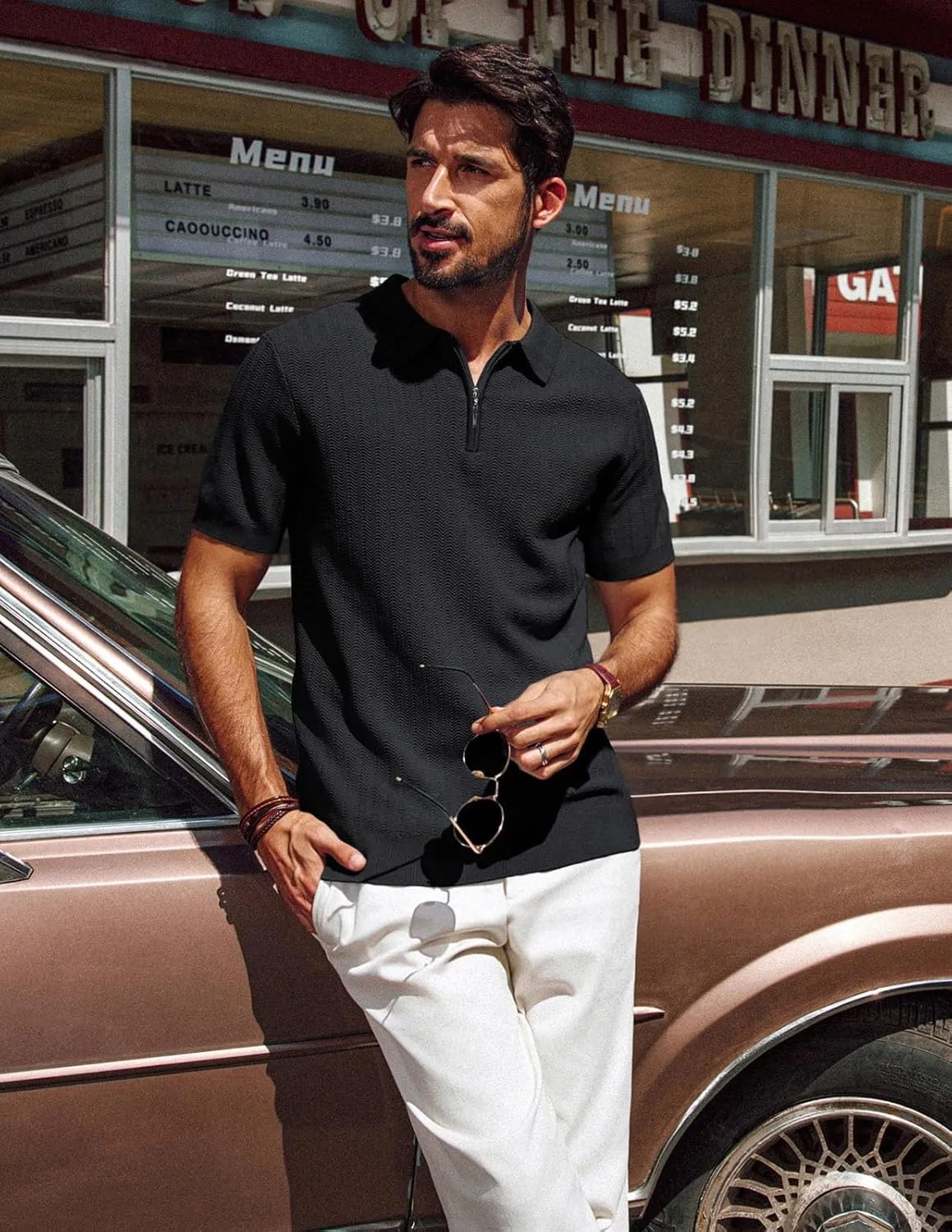 PJ PAUL JONES Men's Polo Shirts Quarter Zip Textured Knit Shirts Summer Shirt