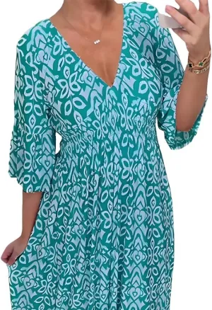 Plus Size Summer V Neck Floral Dress for Women, Loose Casual Print V-Neck Long Dress, Bohemian Wrap V Neck 3/4 Sleeve