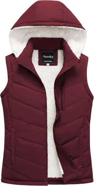 Pursky Women's Winter Vest Sherpa Fleece Lined Puffer Vest Warm Lightweight Sleeveless Jackets With Removable Hood