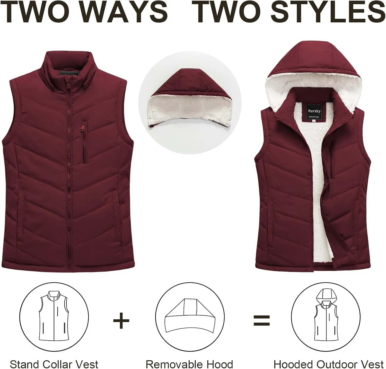 Pursky Women's Winter Vest Sherpa Fleece Lined Puffer Vest Warm Lightweight Sleeveless Jackets With Removable Hood