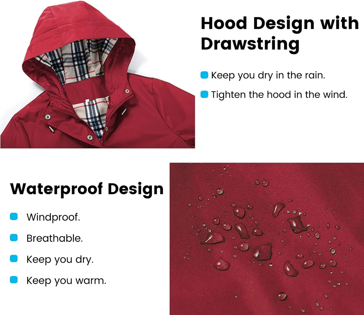 Rain Coat for Women Waterproof with Hood Lightweight Women's Rain Jacket Outdoor Trench Windbreaker Long Raincoats