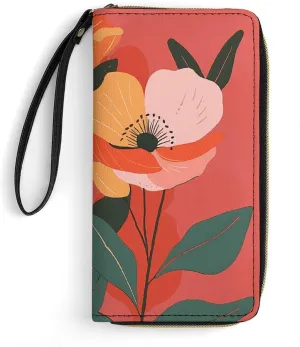 Red And Orange Flowers Leather Wallet Smooth Zip Around Clutch Wristlet Travel Long Soft Purse for Women