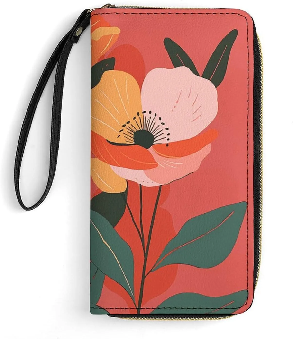 Red And Orange Flowers Leather Wallet Smooth Zip Around Clutch Wristlet Travel Long Soft Purse for Women