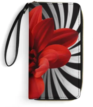 Red Flower1 Leather Wallet Smooth Zip Around Clutch Wristlet Travel Long Soft Purse for Women
