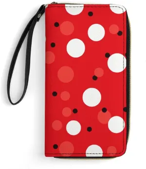 Red White Polka Dot Leather Wallet Smooth Zip Around Clutch Wristlet Travel Long Soft Purse for Women
