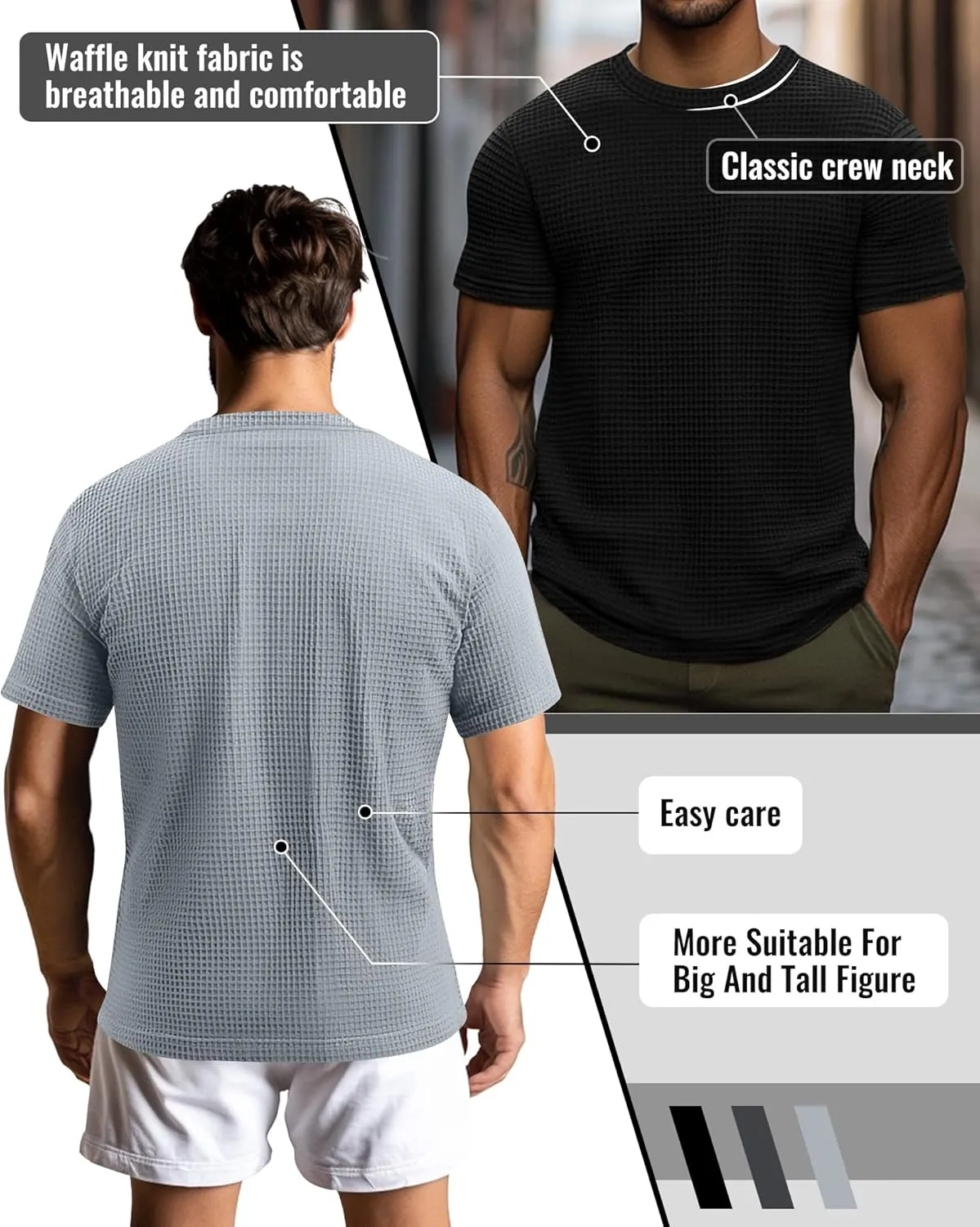Riyiper 3 Pack Men's Big and Tall Waffle T Shirts, Short Sleeve Crew Neck Tops Casual Textured Knit Pullover Lightweight Tees