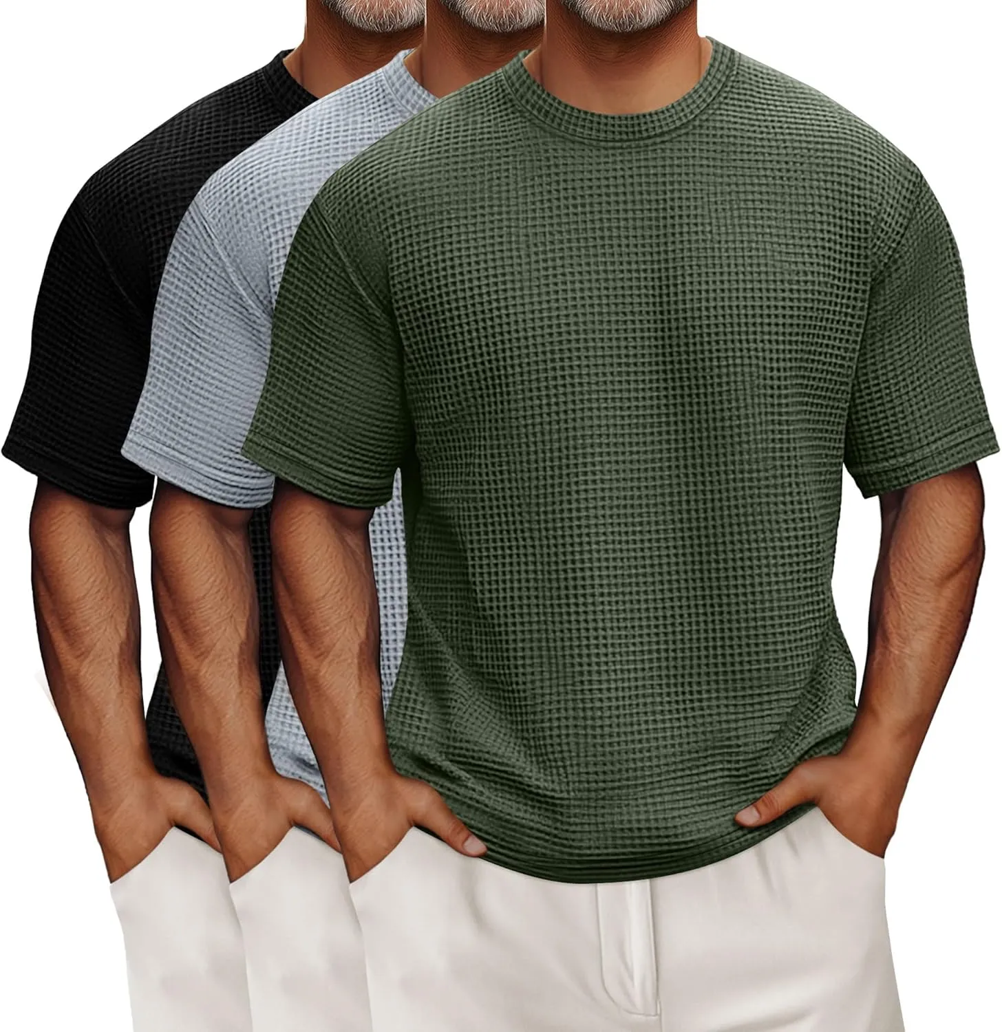 Riyiper 3 Pack Men's Big and Tall Waffle T Shirts, Short Sleeve Crew Neck Tops Casual Textured Knit Pullover Lightweight Tees