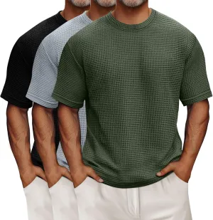 Riyiper 3 Pack Men's Big and Tall Waffle T Shirts, Short Sleeve Crew Neck Tops Casual Textured Knit Pullover Lightweight Tees