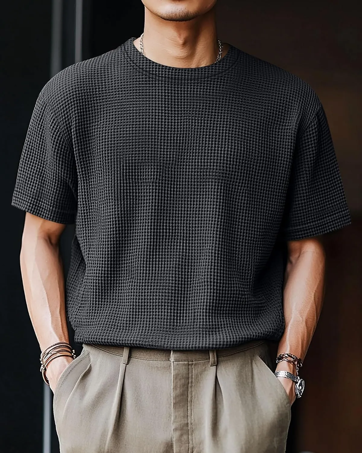 Riyiper 3 Pack Men's Big and Tall Waffle T Shirts, Short Sleeve Crew Neck Tops Casual Textured Knit Pullover Lightweight Tees