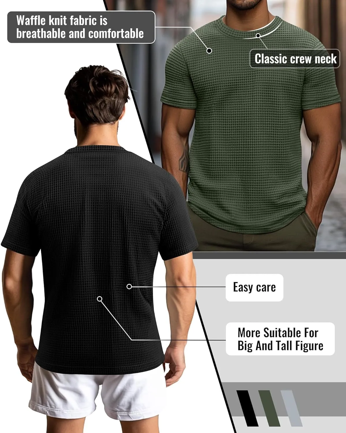 Riyiper 3 Pack Men's Big and Tall Waffle T Shirts, Short Sleeve Crew Neck Tops Casual Textured Knit Pullover Lightweight Tees