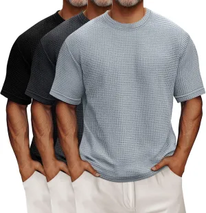 Riyiper 3 Pack Men's Big and Tall Waffle T Shirts, Short Sleeve Crew Neck Tops Casual Textured Knit Pullover Lightweight Tees