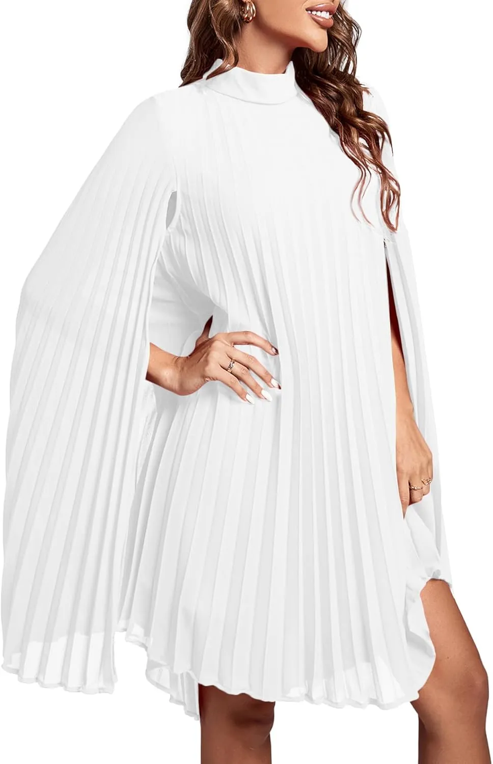 Rooscier Women's Mock Neck Cloak Sleeve Pleated Keyhole Back Flowy Party Midi Dress
