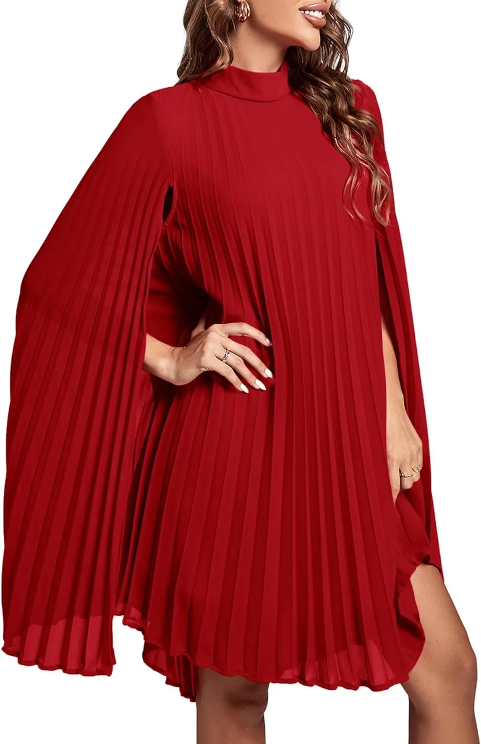 Rooscier Women's Mock Neck Cloak Sleeve Pleated Keyhole Back Flowy Party Midi Dress