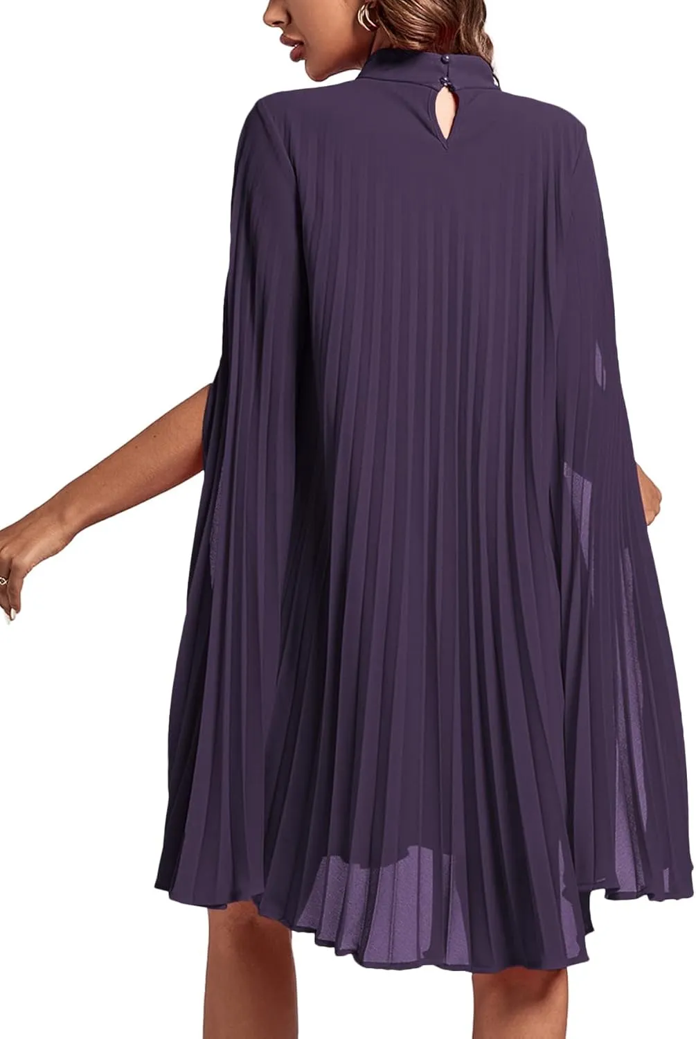 Rooscier Women's Mock Neck Cloak Sleeve Pleated Keyhole Back Flowy Party Midi Dress