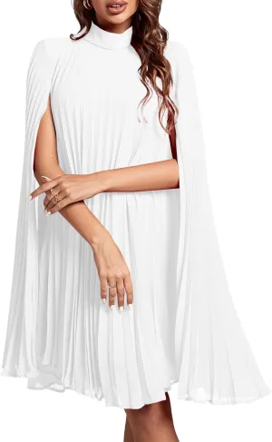 Rooscier Women's Mock Neck Cloak Sleeve Pleated Keyhole Back Flowy Party Midi Dress