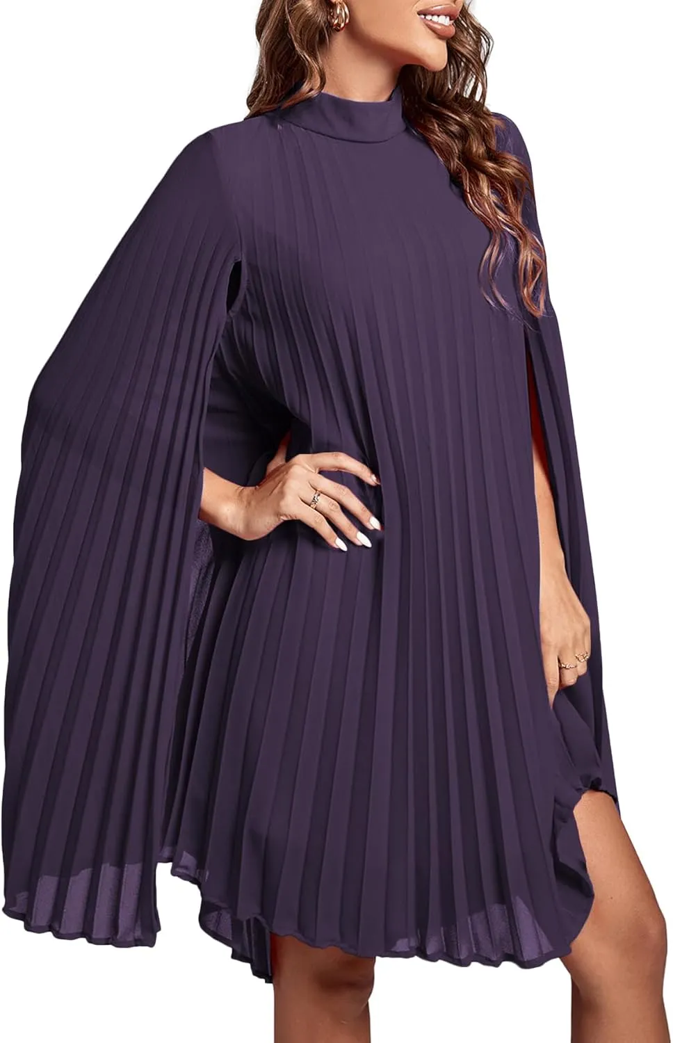 Rooscier Women's Mock Neck Cloak Sleeve Pleated Keyhole Back Flowy Party Midi Dress