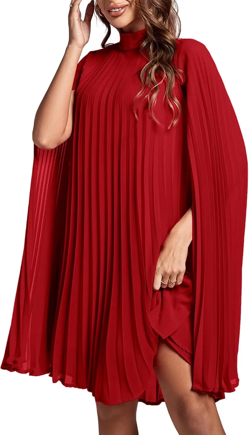 Rooscier Women's Mock Neck Cloak Sleeve Pleated Keyhole Back Flowy Party Midi Dress