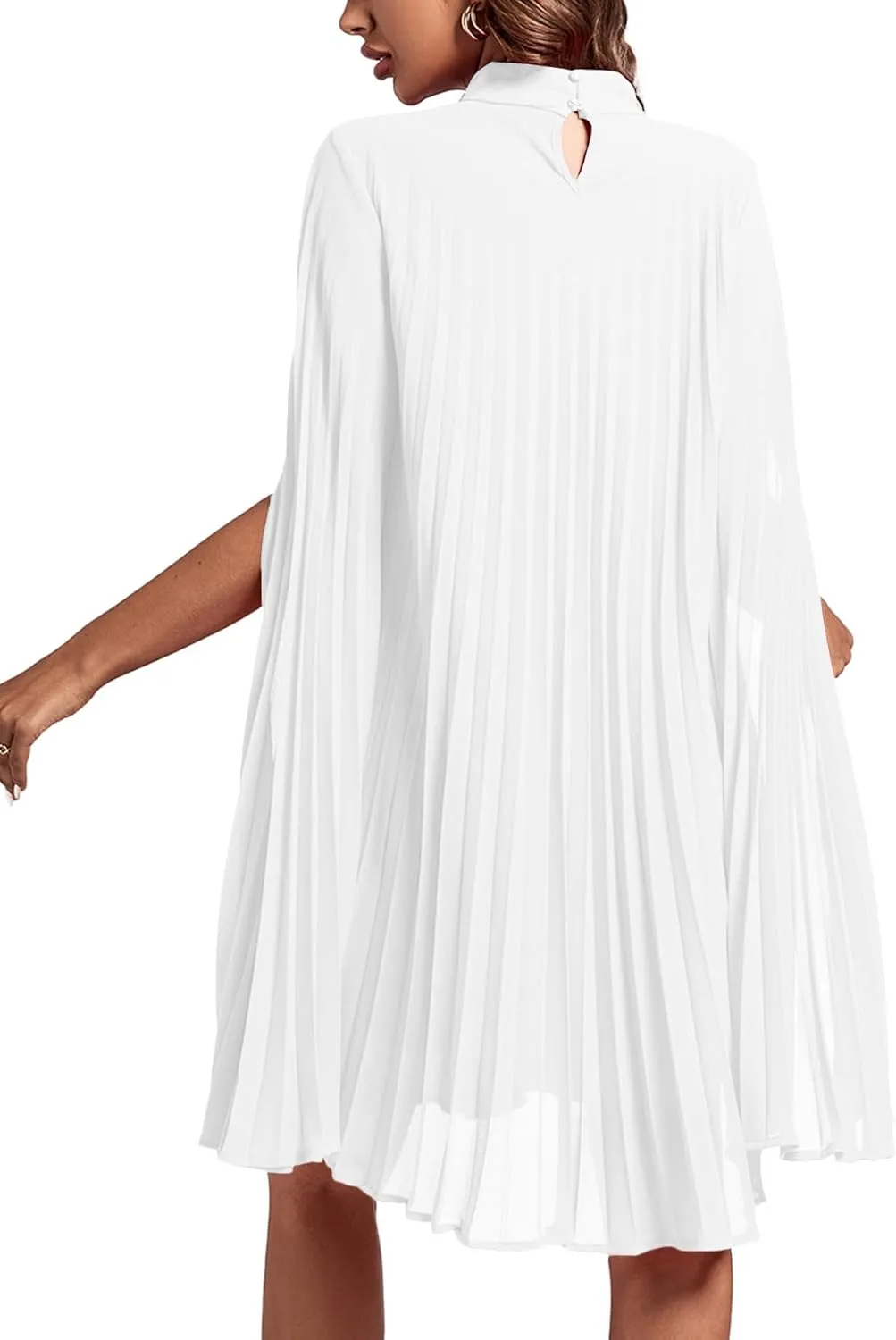 Rooscier Women's Mock Neck Cloak Sleeve Pleated Keyhole Back Flowy Party Midi Dress