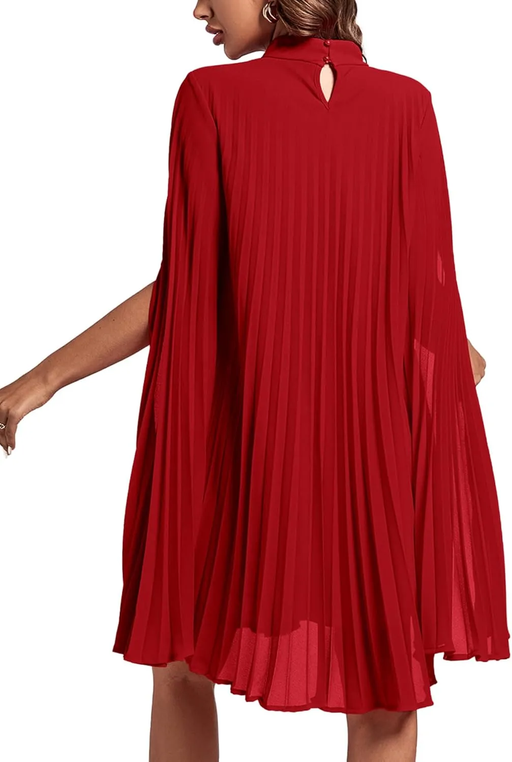 Rooscier Women's Mock Neck Cloak Sleeve Pleated Keyhole Back Flowy Party Midi Dress