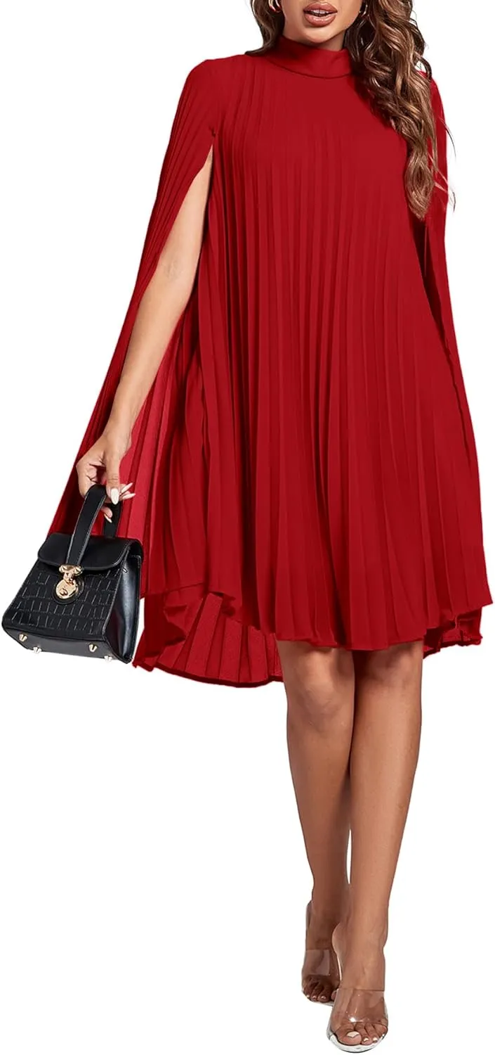 Rooscier Women's Mock Neck Cloak Sleeve Pleated Keyhole Back Flowy Party Midi Dress