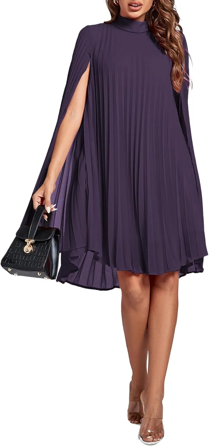 Rooscier Women's Mock Neck Cloak Sleeve Pleated Keyhole Back Flowy Party Midi Dress