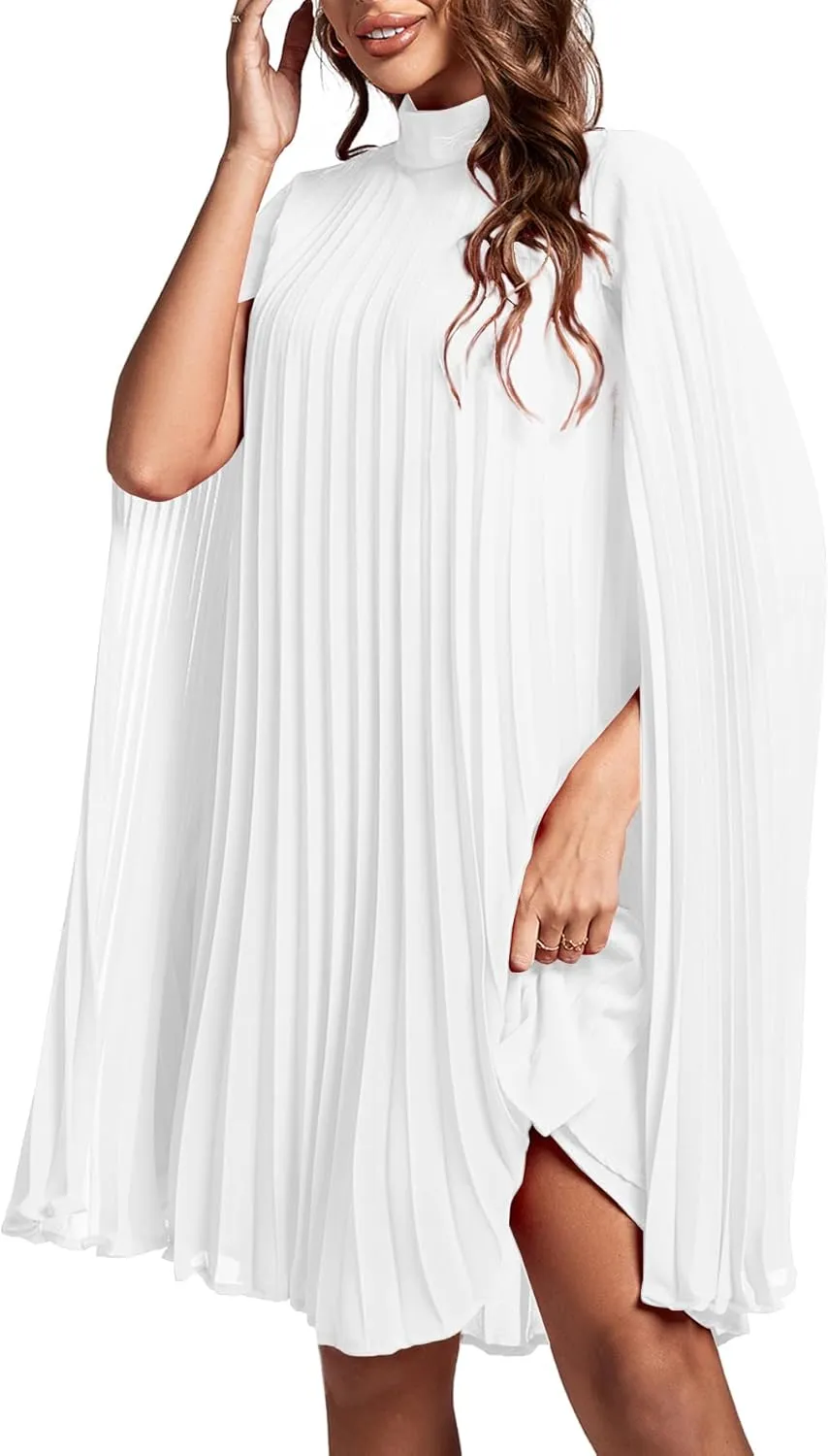 Rooscier Women's Mock Neck Cloak Sleeve Pleated Keyhole Back Flowy Party Midi Dress