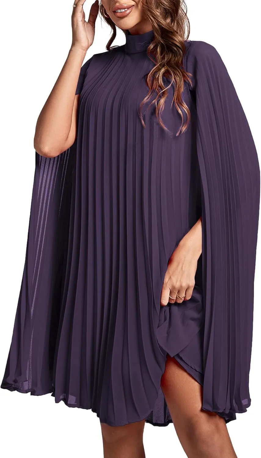 Rooscier Women's Mock Neck Cloak Sleeve Pleated Keyhole Back Flowy Party Midi Dress
