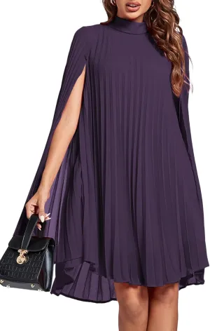 Rooscier Women's Mock Neck Cloak Sleeve Pleated Keyhole Back Flowy Party Midi Dress