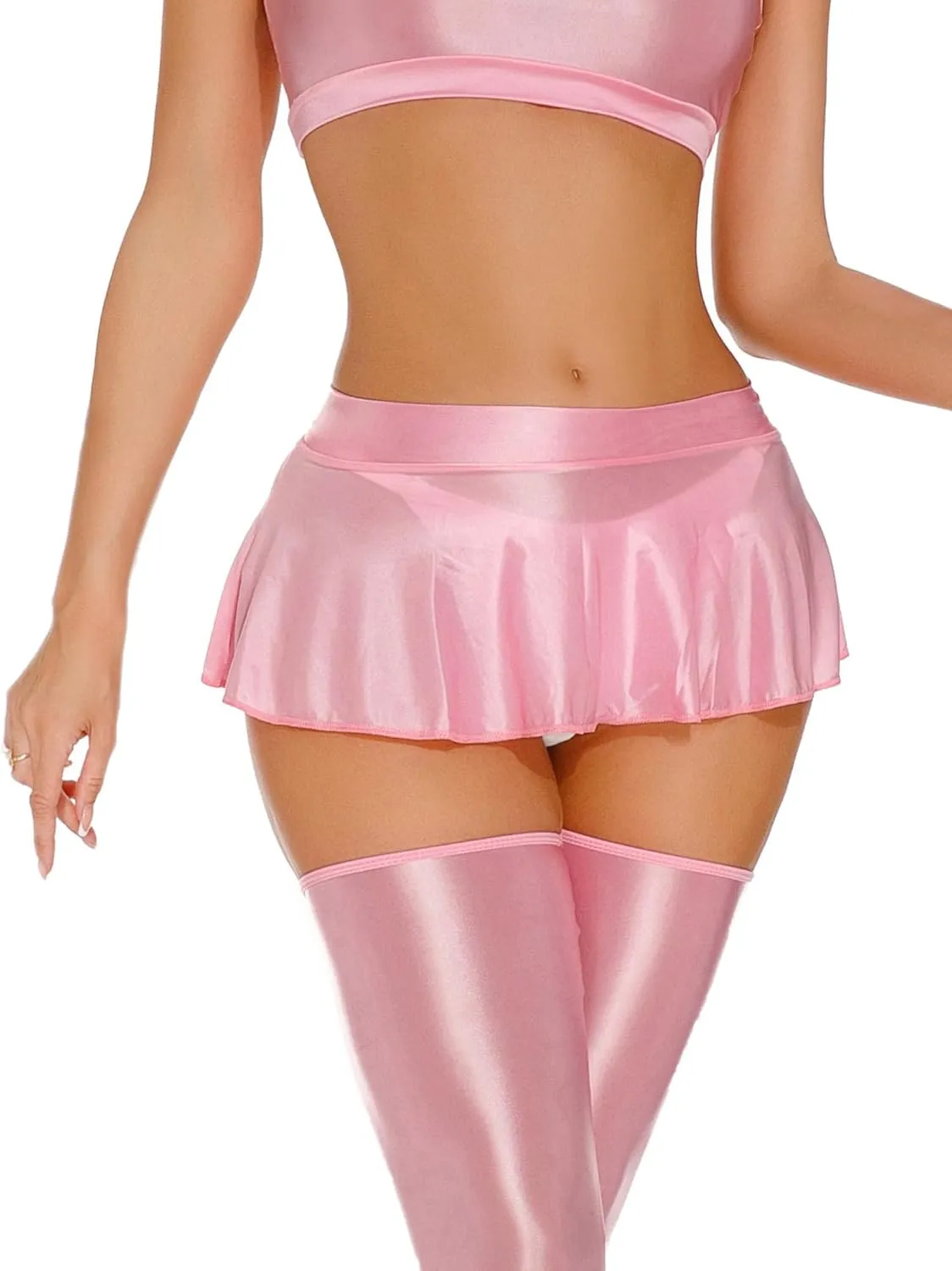 SEAUR Women's Shiny Oil Glossy Skirt Seamless Smooth Sexy Mini Ruffled Pleated Skirts