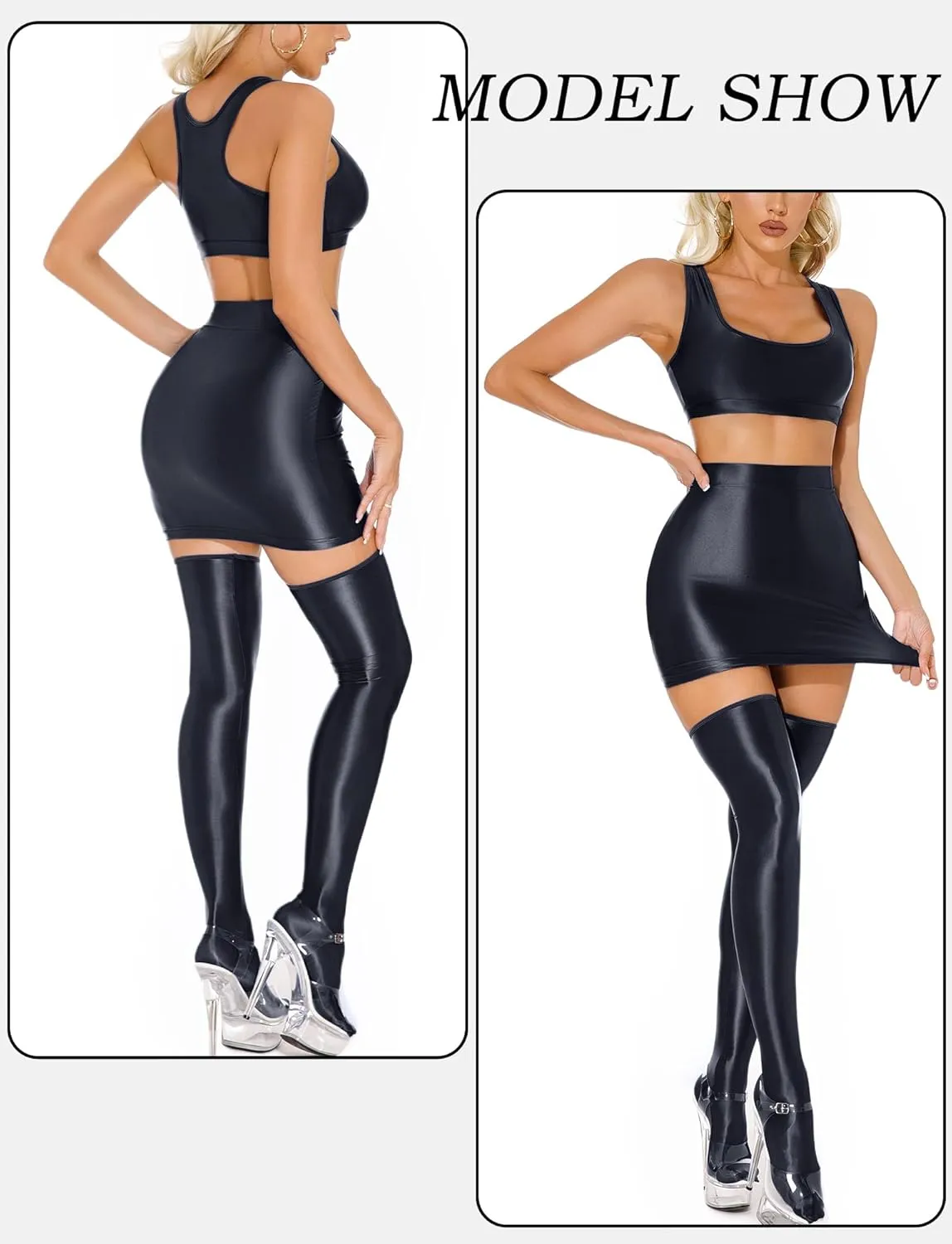 SEAUR Women's Shiny Oil Glossy Skirt Seamless Smooth Sexy Mini Ruffled Pleated Skirts
