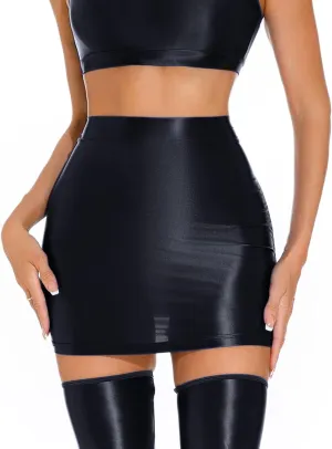 SEAUR Women's Shiny Oil Glossy Skirt Seamless Smooth Sexy Mini Ruffled Pleated Skirts
